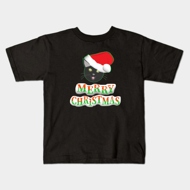 Merry Christmas Smiling Cat Wearing a Santa Claus Hat (Text on Bottom) Kids T-Shirt by Art By LM Designs 